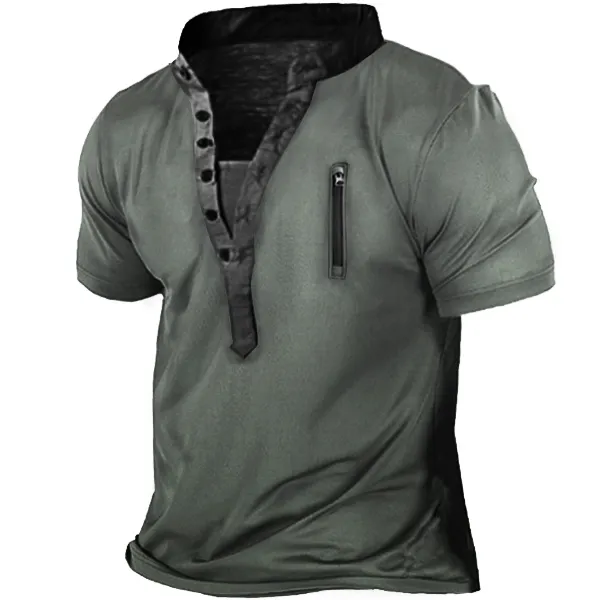 Men's Outdoor Zip Retro Print Tactical Henley Short Sleeve T-Shirt