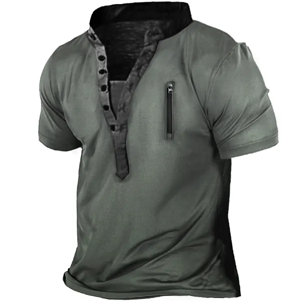Men's Outdoor Zip Retro Print Tactical Henley Short Sleeve T-Shirt 