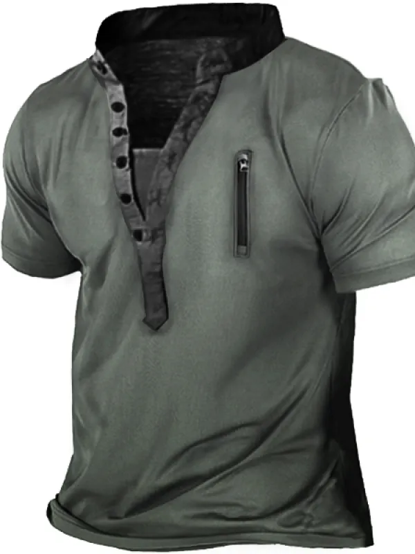 Men's Outdoor Zip Retro Print Tactical Henley Short Sleeve T-Shirt 