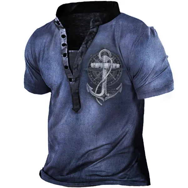 Plus Size Nautical Anchor Print Men's Vintage Henley Short Sleeve T-Shirt - Elementnice.com 