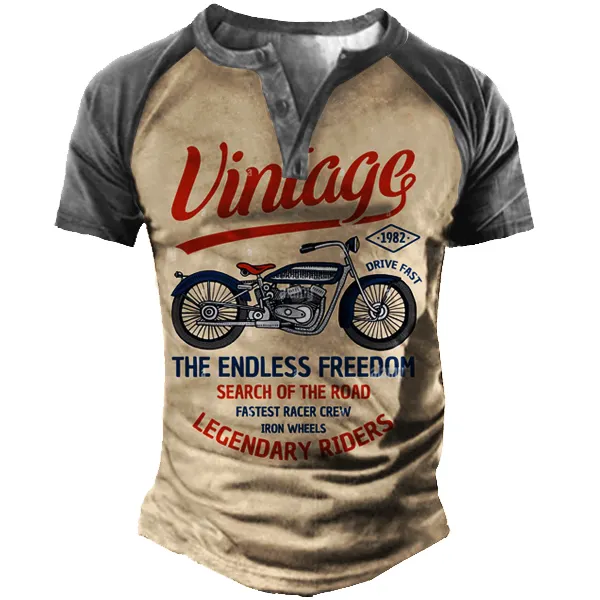 Plus Size Vintage Motorcycle Racing Men's Print Henley Short Sleeve T-Shirt - Cotosen.com