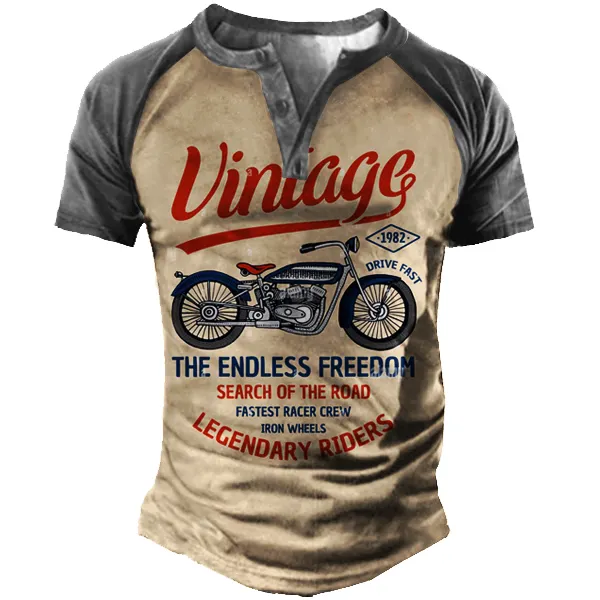Plus Size Vintage Motorcycle Racing Men's Print Henley Short Sleeve T-Shirt - Elementnice.com 