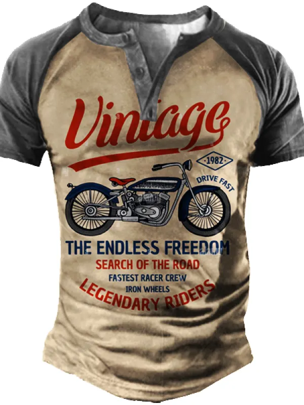 Plus Size Vintage Motorcycle Racing Men's Print Henley Short Sleeve T-Shirt - Menbarn.com 