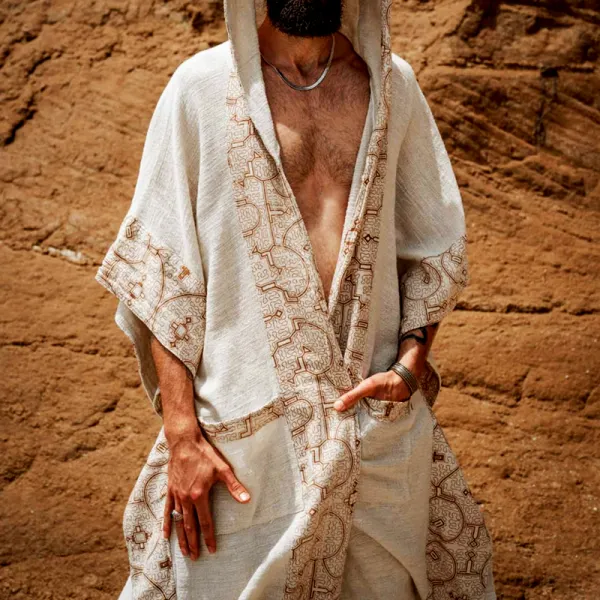 Men's Tulum Linen Holiday Long Hooded Cape Cardigan - Cotosen.com