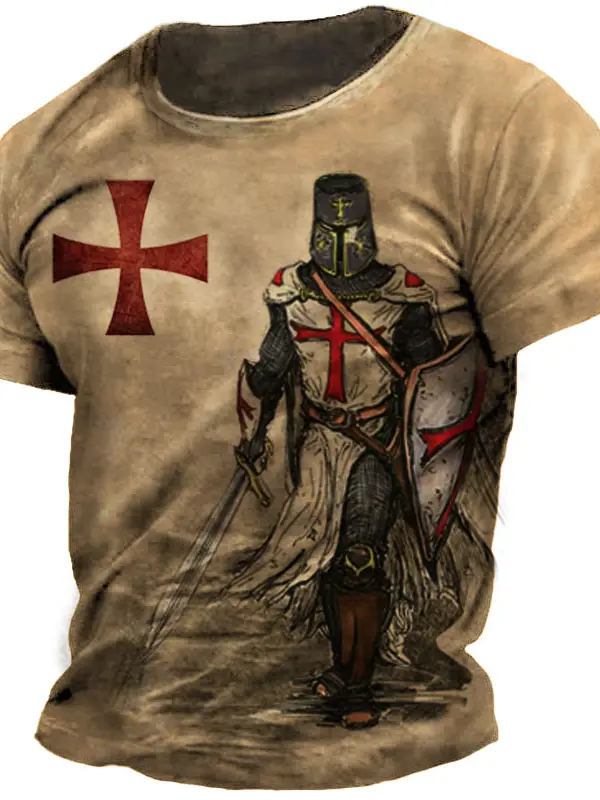 Men's Vintage Templar Cross Print T-Shirt - Wantbright.com 