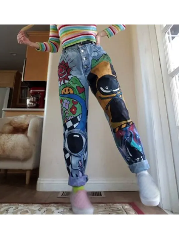Fashion-art Retro Cartoon Cloth Embroidery Grinding White Jeans Baggy Casual Trousers For Women - Viewbena.com 