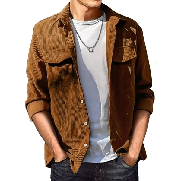 Men's Vintage Corduroy Button Down Shirts Jackt Casual Long Sleeve Shacket Jacket With Flap Pocket Shirts - Keymimi.com 