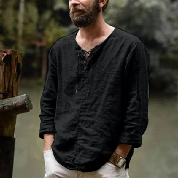 Men's Solid Color Casual Cotton Linen Bandage Long Sleeve T-Shirt - Honeylop.chimpone.com 