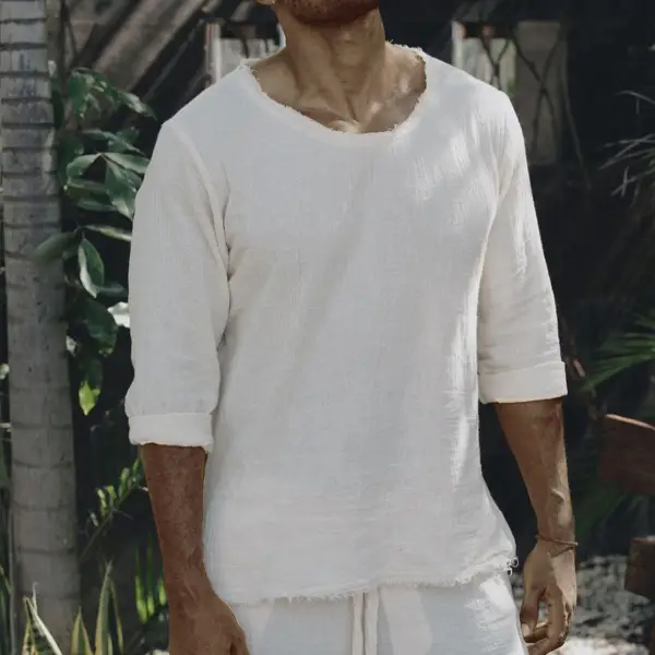Men's Plain Simple Design Round Neck Long Sleeve Shirt - Mobivivi.com 