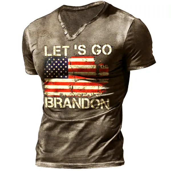 Let's Go Brandon Travel Men's Vintage Henley Button Short Sleeve Shirt - Cotosen.com