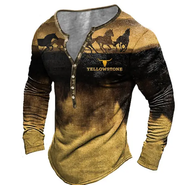 Men's Vintage Yellowstone Horse Print Henley T-Shirt Only $36.89 - Wayrates.com 