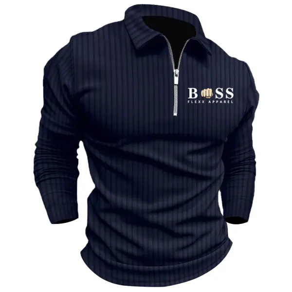 Men's Boss Polo Zip Shirt Stripe Long Sleeve Lapel T-Shirt Casual Fit Tops - Dozenlive.com 