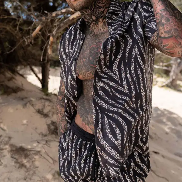 Men's Casual Zebra Leopard Print Short Sleeve Shirt Set - Keymimi.com 