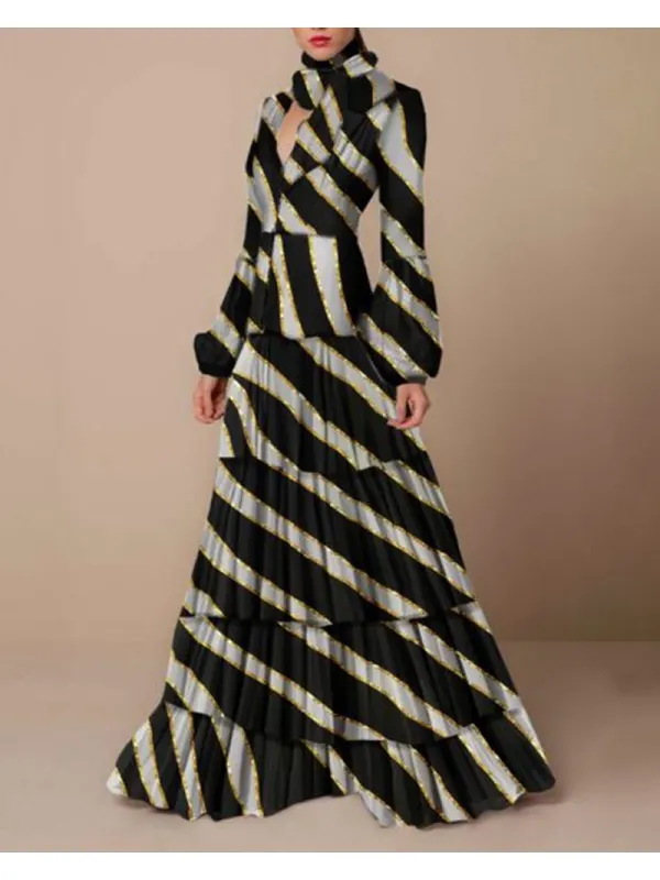 Ladies Elegant Black And White Zebra Print Bronzing Long Dress - Minicousa.com 