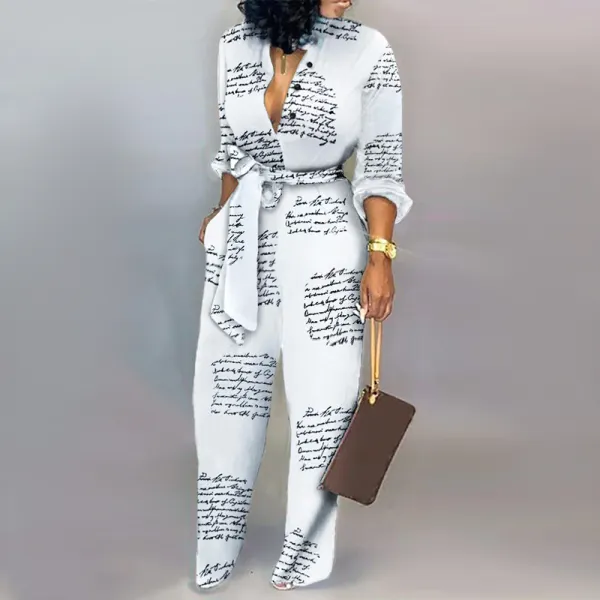 Casual letter print belted jumpsuit - Leanarea.chimpone.com 