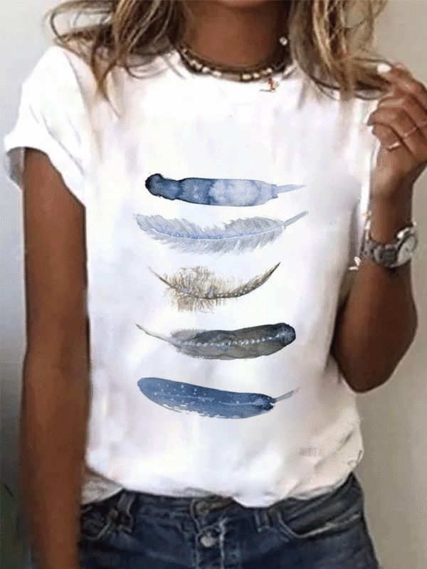 Fashion Feather Print Round Neck Short Sleeve Casual T-shirt - Styletaken.chimpone.com 
