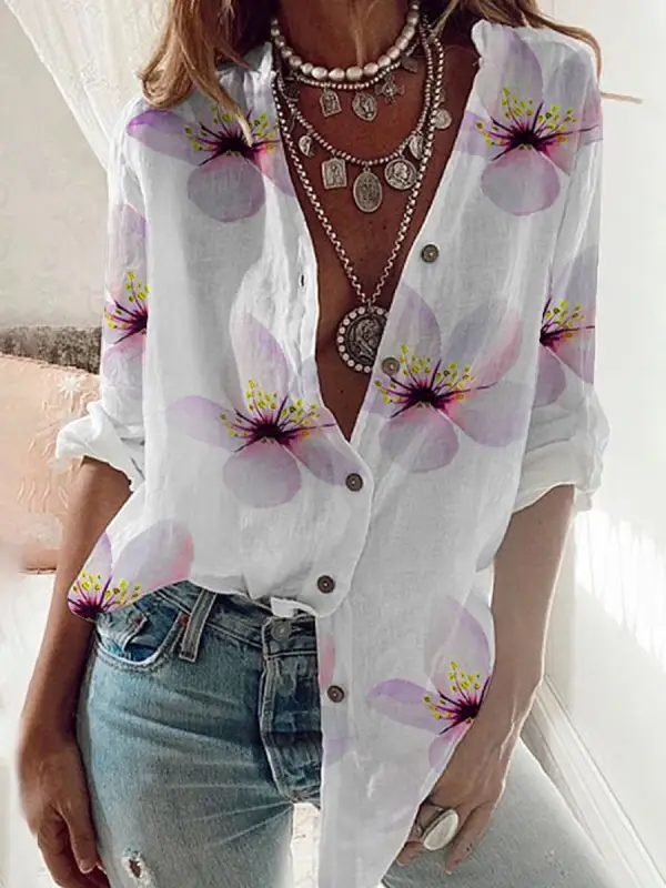 Floral Print Casual Loose Long Sleeve Blouse - Realyiyishop.com 