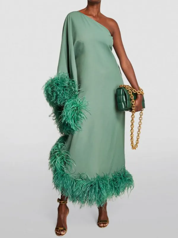 Women's Elegant Sleek Grey Green Slanted Shoulder Feather Dress - Realyiyishop.com 