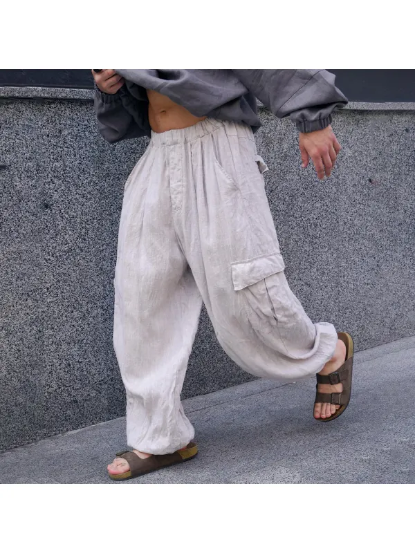 Trendy Cotton And Linen Men's Cargo Trousers With Large Pockets - Ininrubyclub.com 