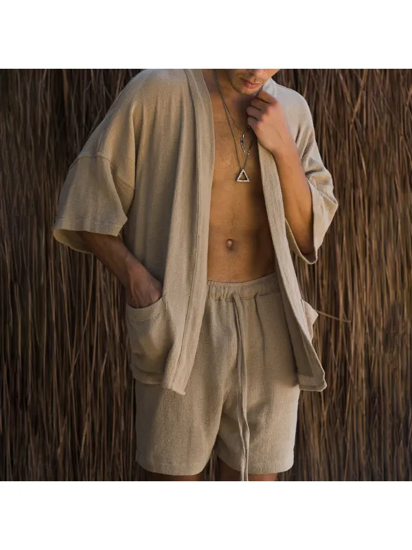 Cotton And Linen Casual Men's Summer Cardigan Shorts Suit - Fithuge.com 