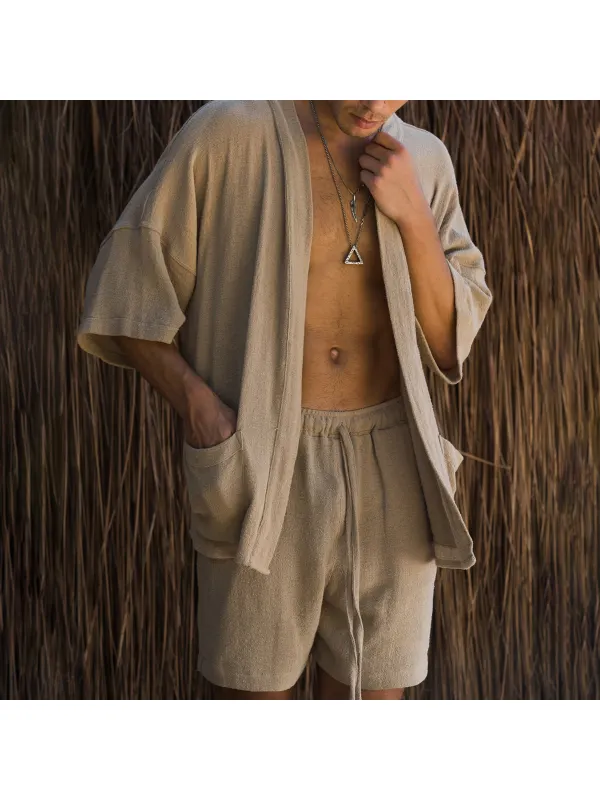 Cotton And Linen Casual Men's Summer Cardigan Shorts Suit - Ininrubyclub.com 