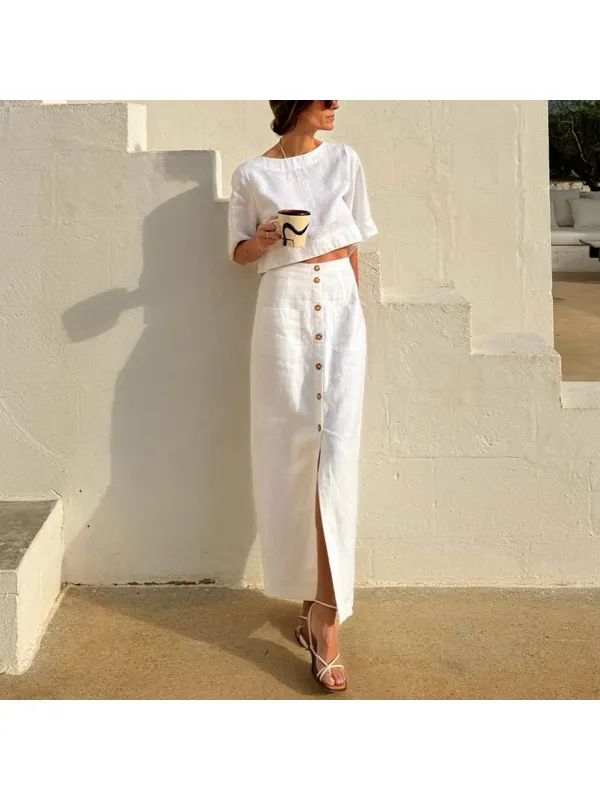 Linen Retro Chic T-shirt Button Slit Skirt Two-piece Set - Fithuge.com 