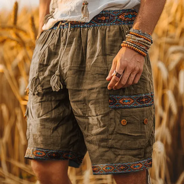 Men's Vintage Indian Patterned Cotton And Linen Printed Drawstring Shorts - Cotosen.com 