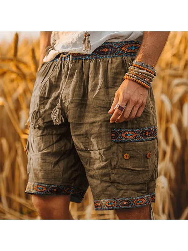 Men's Vintage Indian Patterned Cotton And Linen Printed Drawstring Shorts - Minicousa.com 