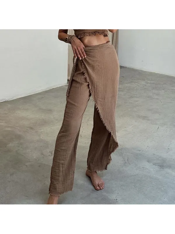 Women's Linen Solid Asymmetric Pants - Ininrubyclub.com 