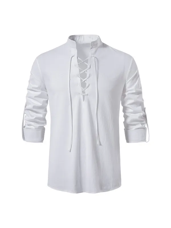 Men's Cotton And Linen Henley Shirt Long Sleeve Stand Collar Shirt - Minicousa.com 