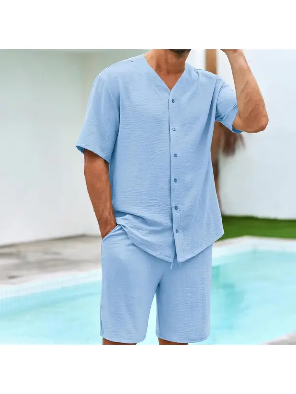 Textured Cotton And Linen Casual Button Up Shirt Shorts Two-piece Men's Suit - Ininrubyclub.com 