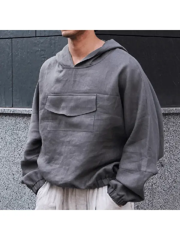 Comfortable Cotton And Linen Men's Hooded Long Sleeve T-shirt With Pockets - Fithuge.com 