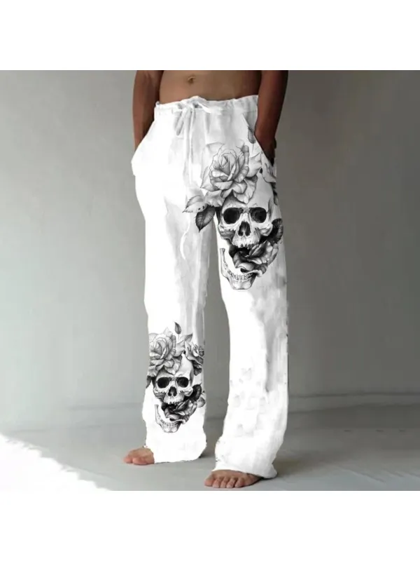 Men's Casual Loose Skull Print Cotton Linen Trousers - Fithuge.com 