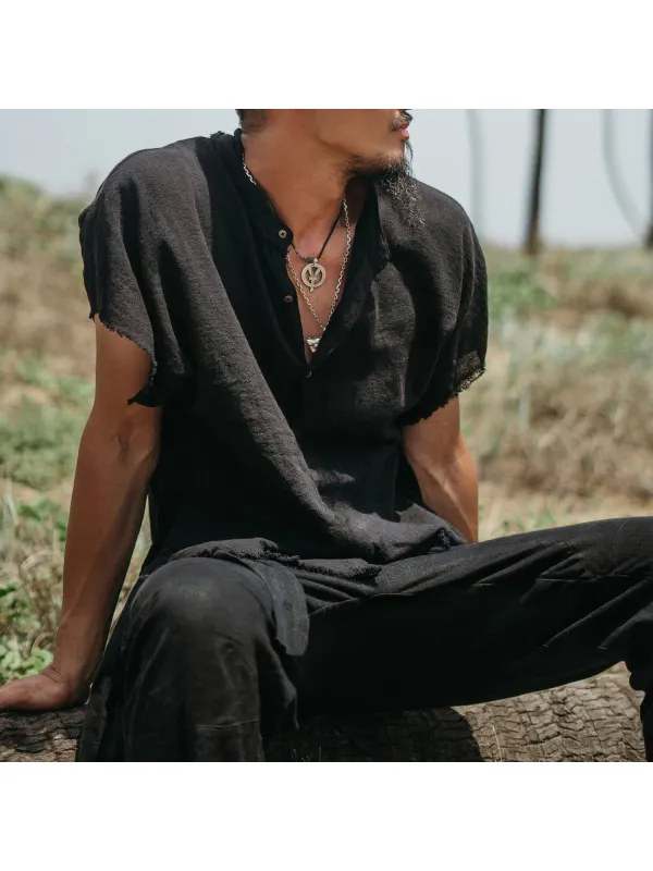 Casual Loose Holiday Linen Short Sleeve V Neck Shirt Simple Solid Color Comfortable V Neck Drop Shoulder Sleeve Pullover - Minicousa.com 