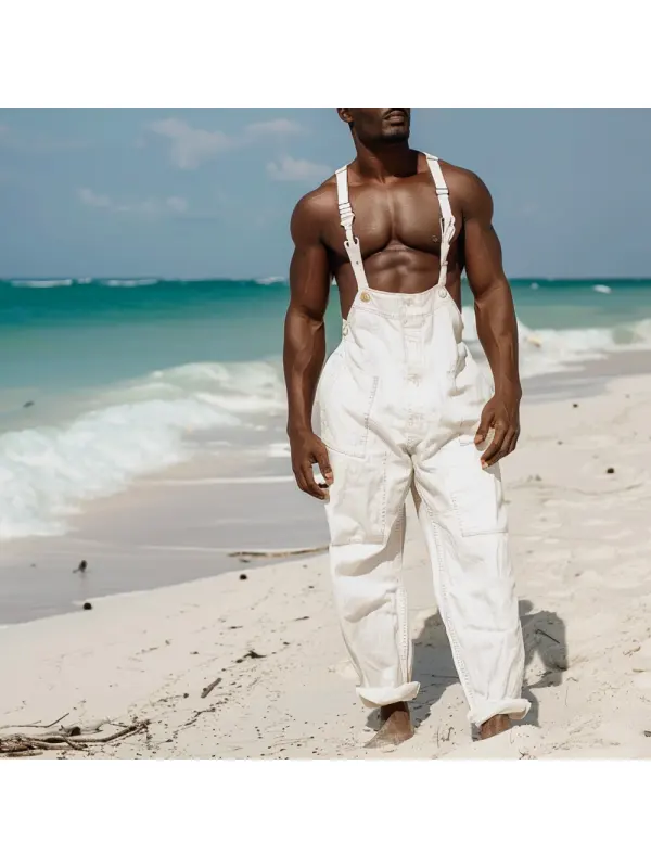 Men's Linen Jumpsuit Holiday Casual Cargo Pants - Ininrubyclub.com 
