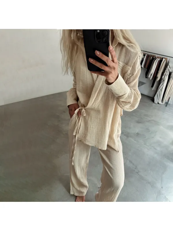 Women's Plain Linen Long Sleeve Shirt Jacket Suit - Fithuge.com 
