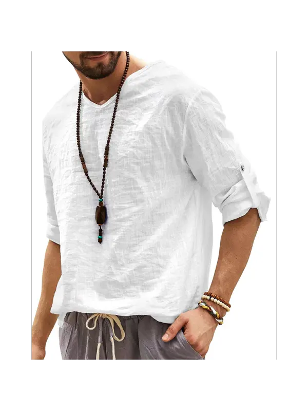 Men's Summer V-Neck Linen Casual Shirt - Fithuge.com 