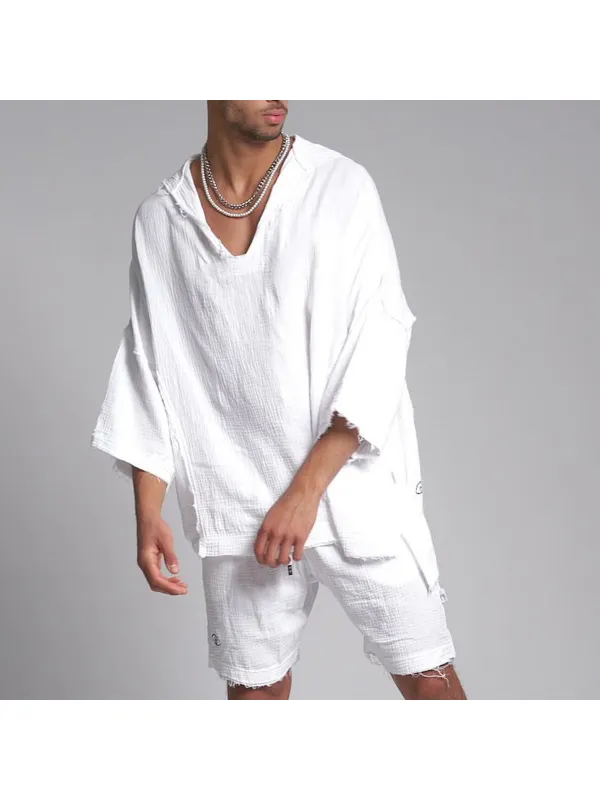 Men's 3/4 Sleeve Linen Hooded Shirt - Fithuge.com 