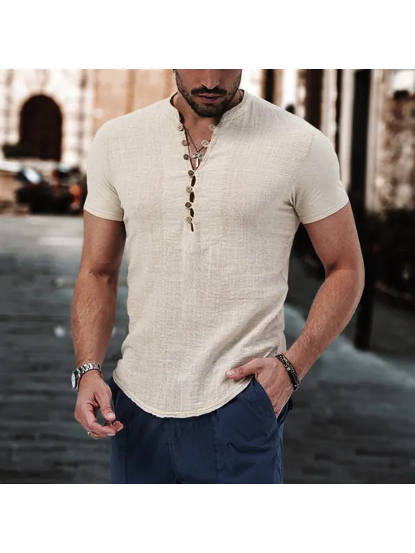 Camiseta Elástica Ajustada Informal Con Cuello Henley De Lino Y Algodón Liso Para Hombre - Ininrubyclub.com 