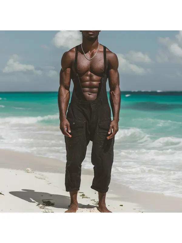 Men's Linen Jumpsuit Holiday Casual Cargo Pants - Ininrubyclub.com 