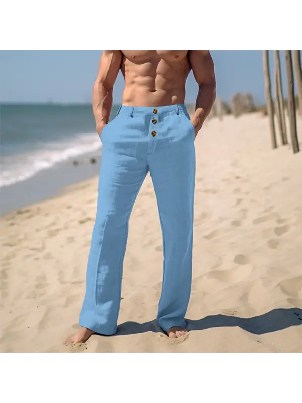 Pantalon En Lin Simple Uni Pour Vacances à La Plage Pour Hommes - Ininrubyclub.com 