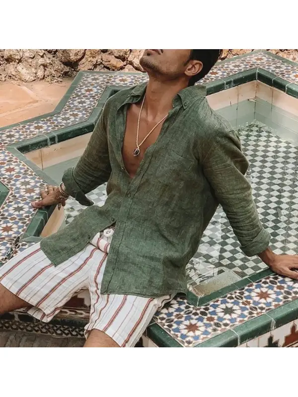 Mens Long Sleeve Button Cotton And Linen Shirt - Shopyiyistories.com 