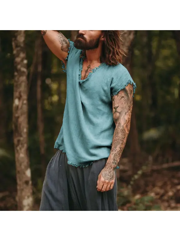 Mens Linen Minimalist Holiday Plain Tank Shirt - Fithuge.com 