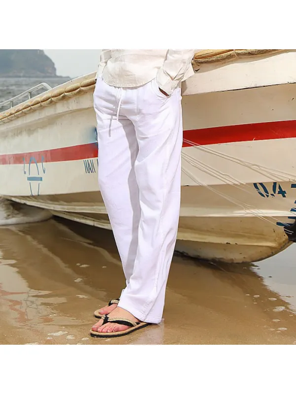Men's Solid Color Casual Breathable Linen Multi Pocket Trousers - Ininrubyclub.com 