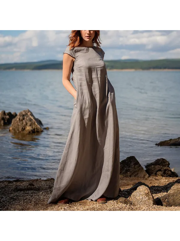 Women's Linen Plain Sleeveless Maxi Dress - Ininrubyclub.com 