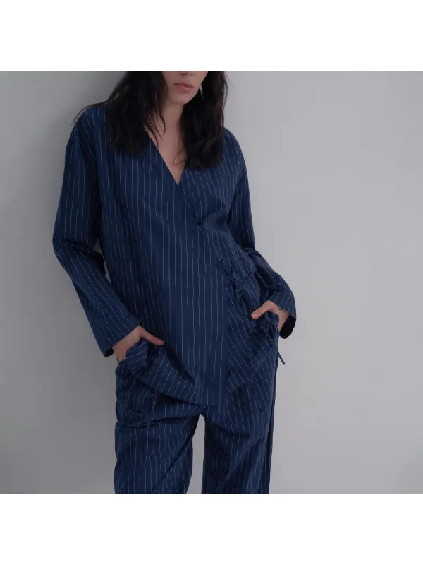 Women's Linen Striped Off-shoulder Strappy Shirt Jacket Suit - Ininrubyclub.com 