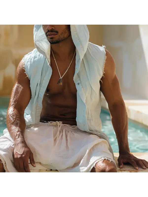 Men's Resort Linen Hooded Sleeveless Shirt - Ininrubyclub.com 