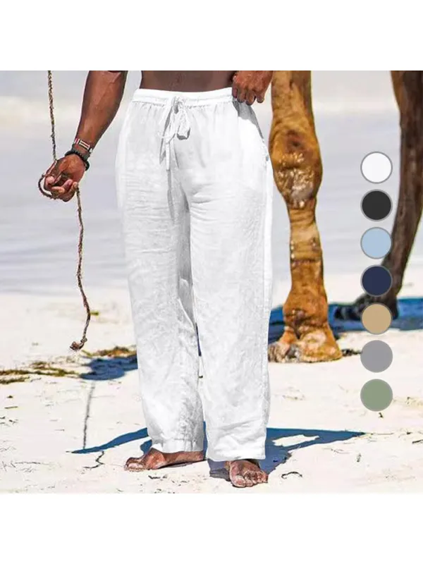 Pantalon Large Pour Hommes Section Mince Respirant Coton Lin Lâche Pantalon De Plage Décontracté - Ininrubyclub.com 