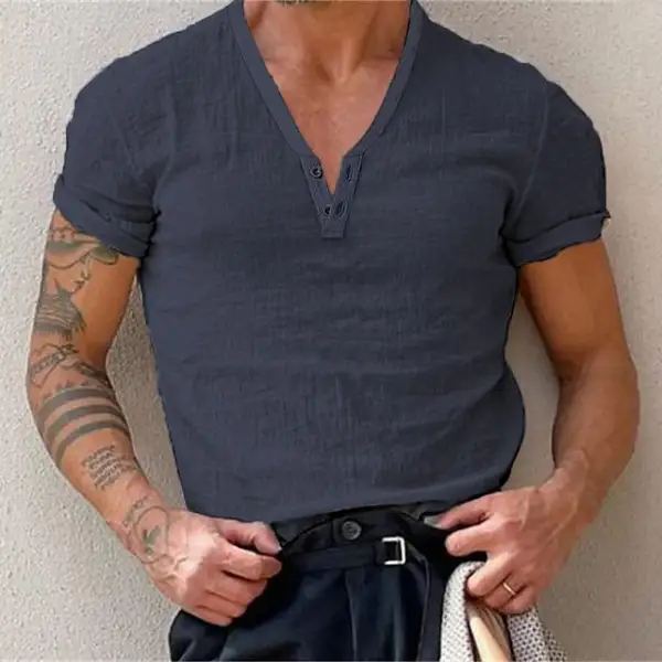 Men's Henley Linen T Shirt Henley V Neck Casual Outdoor Shirt Short Sleeve Plain Collar Casual Hawaiian Clothing - Spiretime.com 