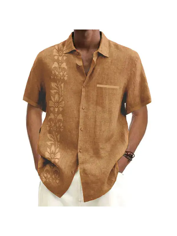 Mens Button Cotton Linen Casual Printed Short Sleeve Shirt - Aptkoi.com 